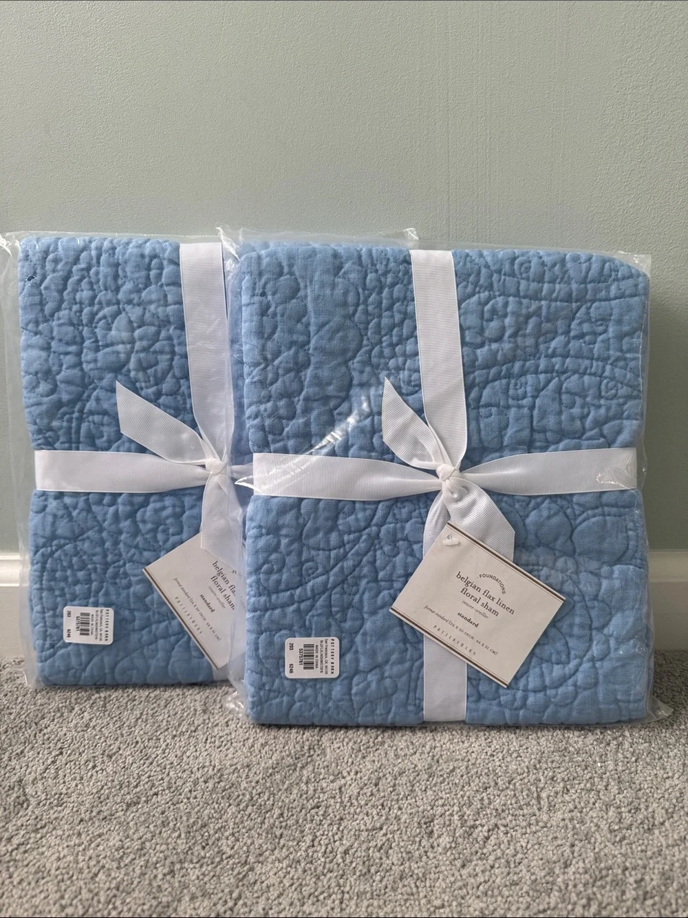 Two Pottery Barn Belgian Flax Linen Floral Standard Shams - Blue! NWT